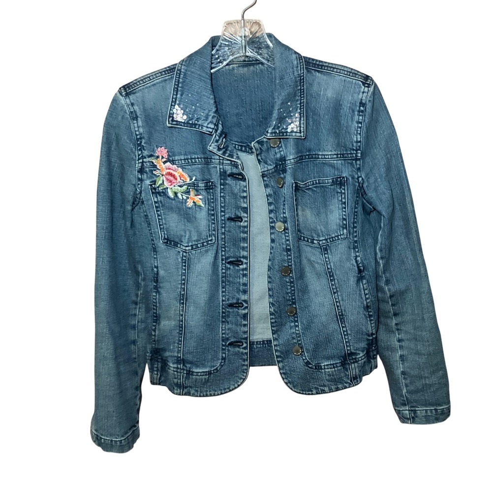 KIKIT Denim Jacket Women Medium Blue Floral Embroidered Sequin Trucker Vintage